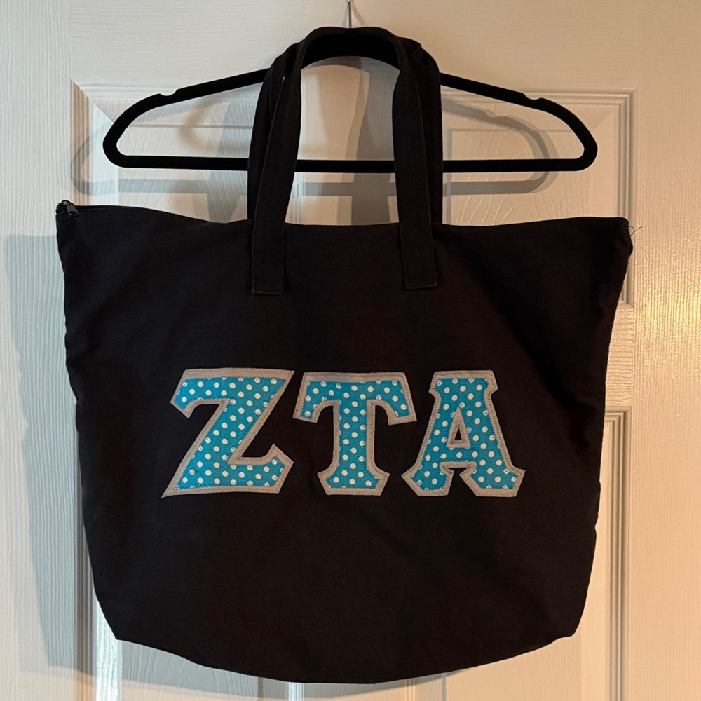 Black Tote Bag with Blue Polka Dot Letters